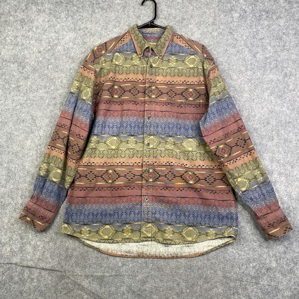 Cabelas Deerskin Soft Chamois Shirt Mens L Flannel AOP SW Nature Aztec Outdoor